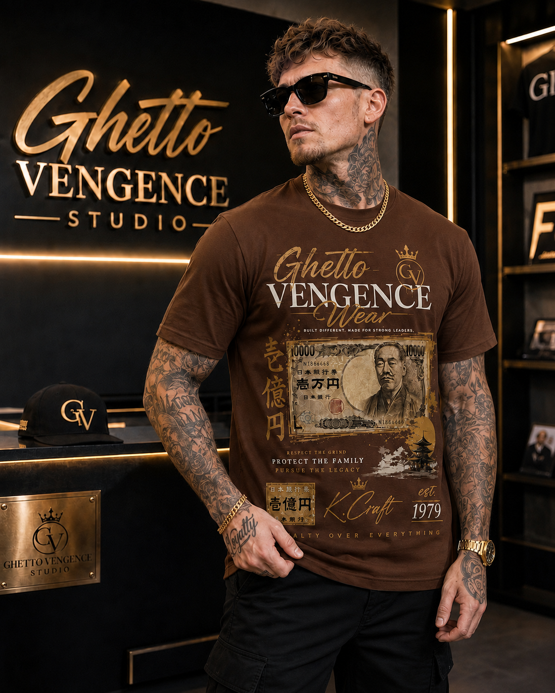 A man wearing a brown Ghetto Vengeance Wear graphic t-shirt and black pants, standing in a luxury retail store with Ghetto Vengeance Studio branding in the background.