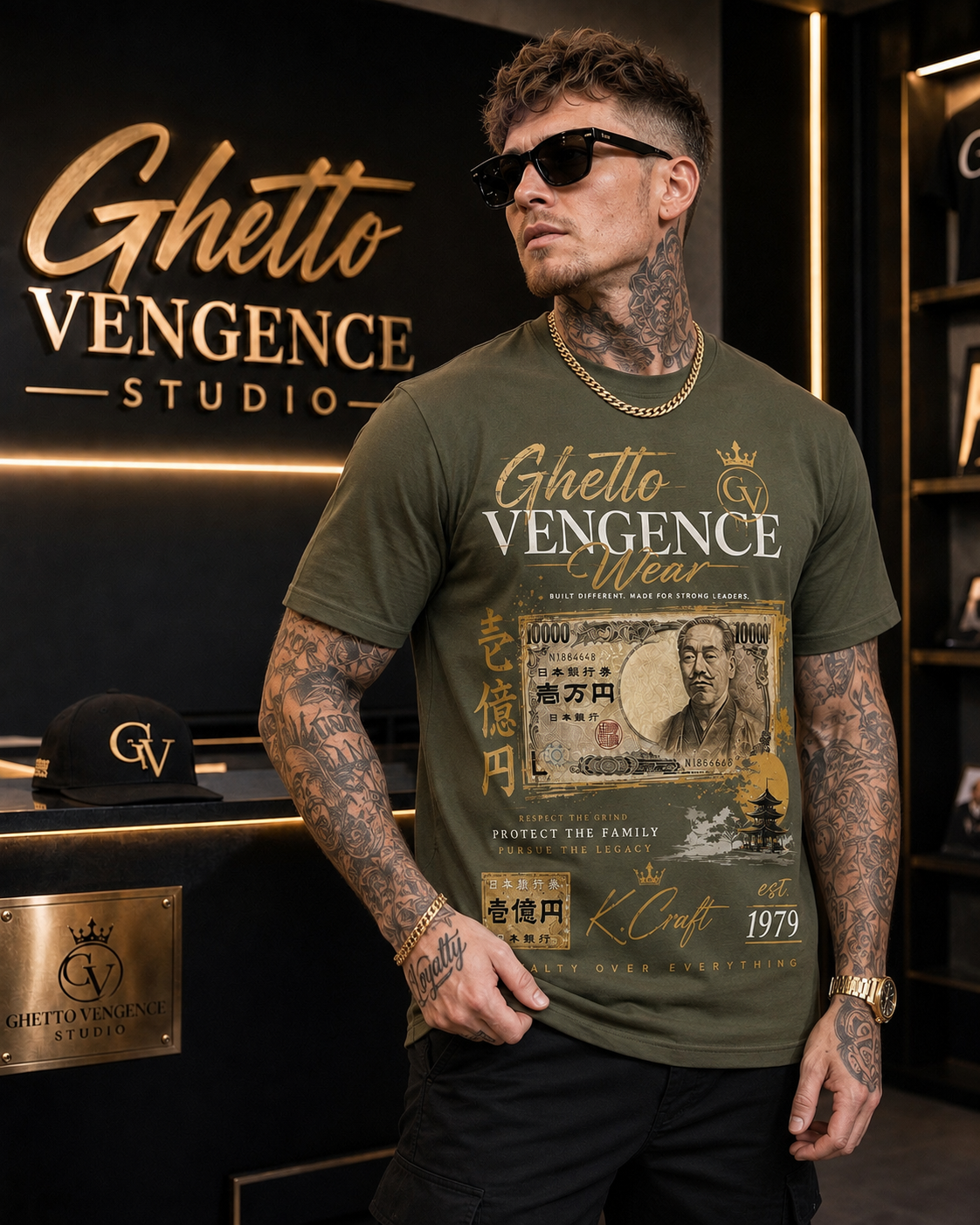 A tattooed man wearing a black sunglasses and a green graphic t-shirt with 'Ghetto Vengeance Wear' branding, standing in front of a branded black and gold studio background.