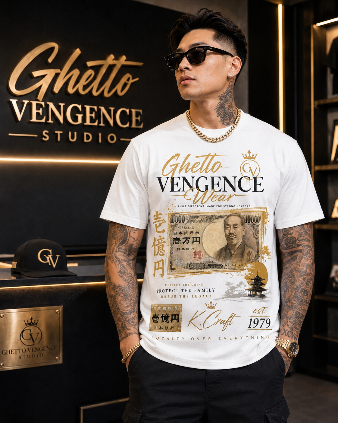 A man wearing a white Ghetto Vengeance Studio graphic t-shirt with gold and black print, styled with sunglasses, a gold chain, and a black cap, standing in front of a branded studio background.