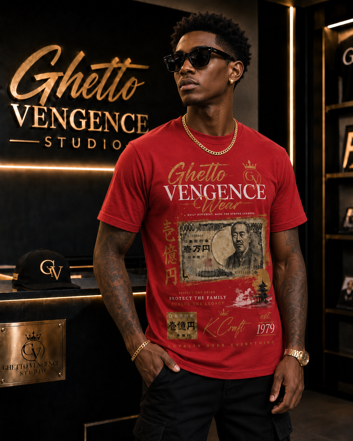 A man wearing a red graphic t-shirt with 'Ghetto Vengence  Wear' along with the Yen designed printed on the front, standing in front of a branded black wall in a studio setting.