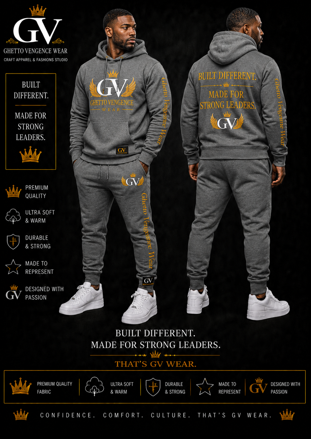 A promotional product image showing a man modeling a heather gray hoodie and jogger sweatpants set from both the front and back views. The set features a gold 'GV' crown logo on the chest and a large gold slogan on the back, with matching branding on the cuffs and hood.