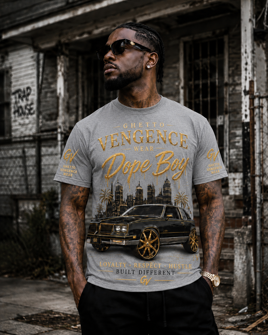 A man wearing a gray graphic t-shirt with a gold and black print of a car and the text 'Ghetto Vengeance Dope Boy', standing in front of a weathered urban building.