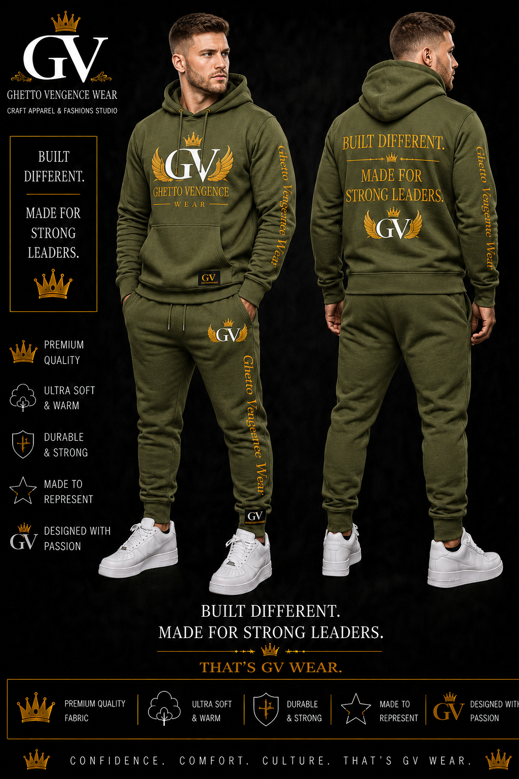 An olive green two-piece hoodie and jogger sweatpants set from GV (Ghetto Vengeance Wear) shown on male models from both front and back views. The set features a matching hoodie and pants in olive green with gold and white printed graphics, including the 'GV' logo and text 'Built Different.