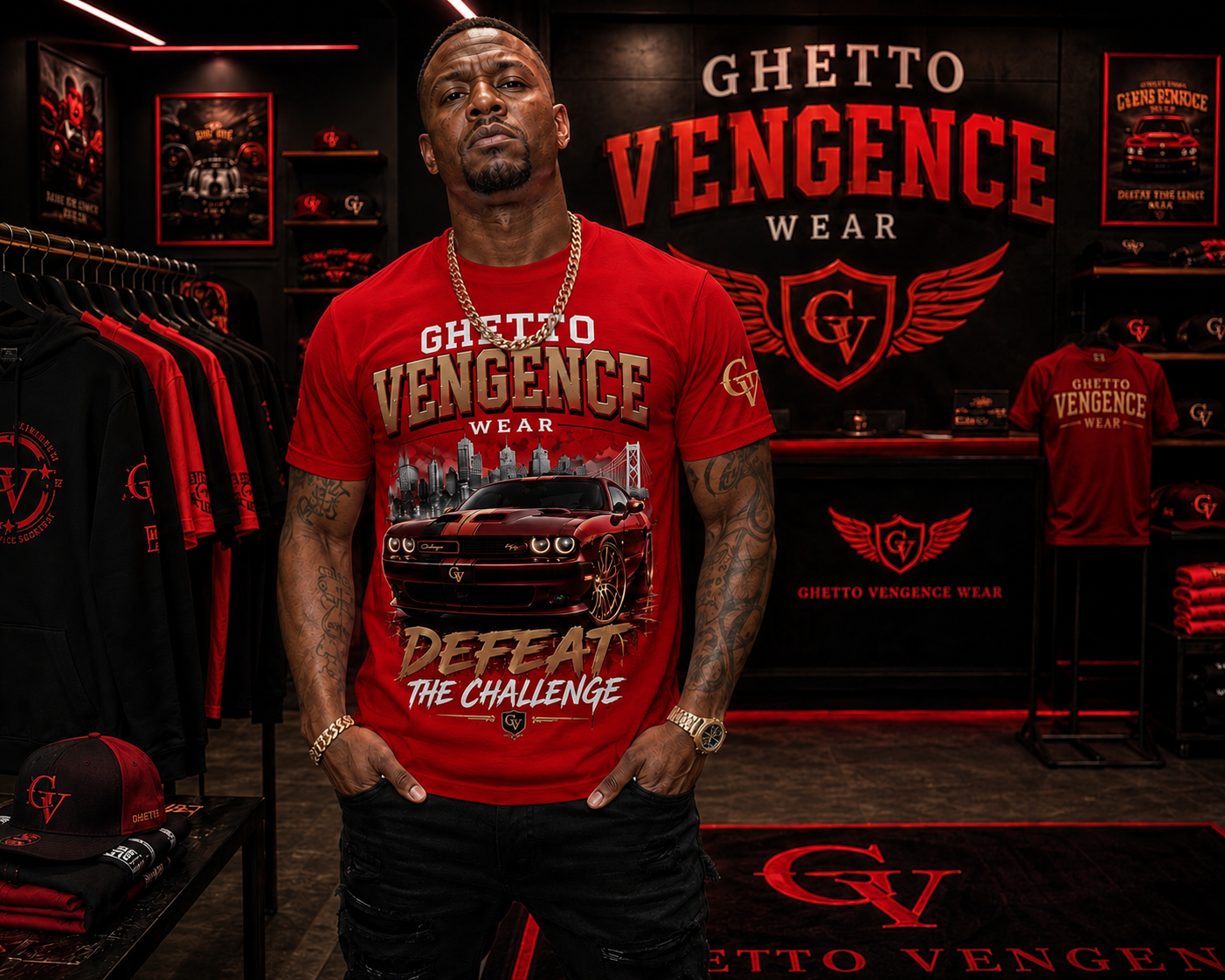 A man wearing a red and black 'Ghetto Vengeance Wear' graphic t-shirt stands inside a retail store. The background features a matching black wall with red and white branding, racks of black and red t-shirts, and a counter displaying merchandise.