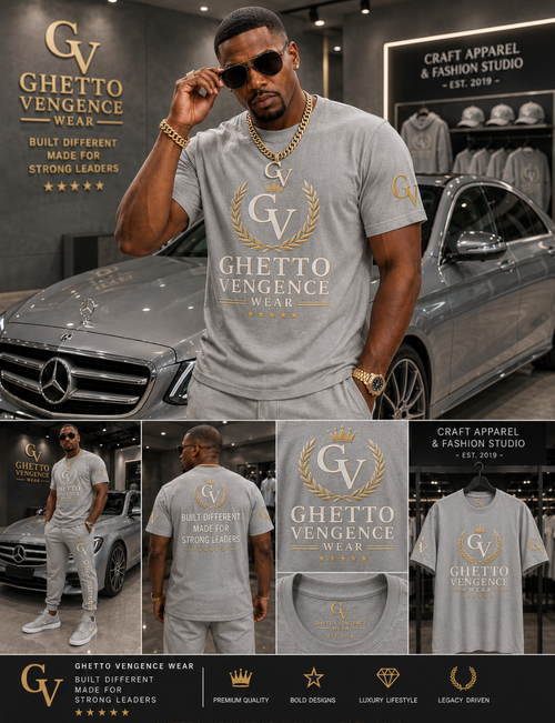 A promotional collage for a custom-fit t-shirt and pants set from Ghetto Vengeance Wear. The main image features a man wearing a light gray t-shirt with a gold and black 'GV' logo, standing in front of a silver car.