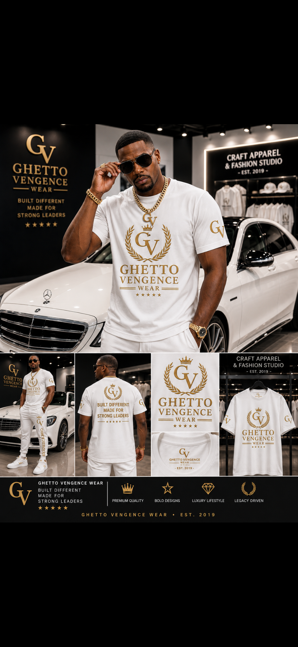 A promotional collage for a white t-shirt featuring the brand 'Ghetto Vengeance'. The main image shows a man wearing the white t-shirt with a gold 'GV' monogram and 'Ghetto Vengeance Wear' text, standing in front of a white car.