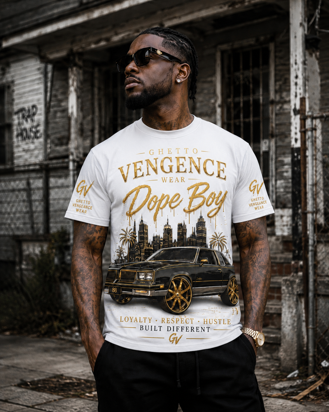 A man wearing a white graphic t-shirt with 'Ghetto Vengeance Wear Dope Boy' and a black car illustration, standing in front of a weathered urban building.