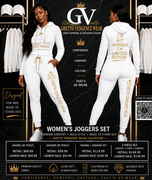 A promotional graphic for the GV Wear women's jogger set, showing two models wearing matching white hoodies and joggers with gold lettering. The left model is shown from the front, and the right model is shown from the back.